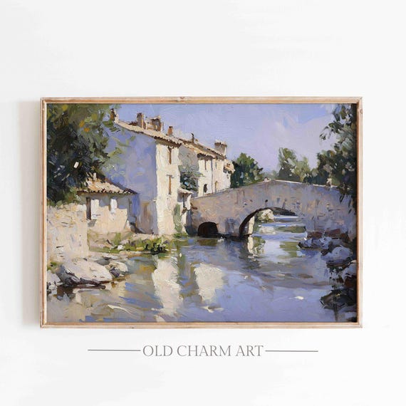 Rustic Landscape With Bridge Print Vintage Country Landscape Painting Farmhouse Decor Wall Art Wa162