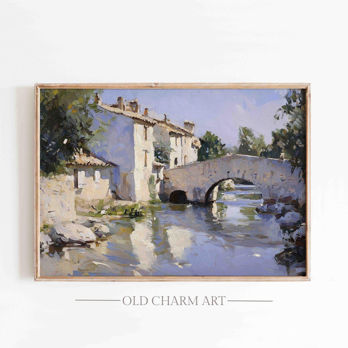 Old Stone Bridge Over River by Village Mill Sunny Impressionist Poster