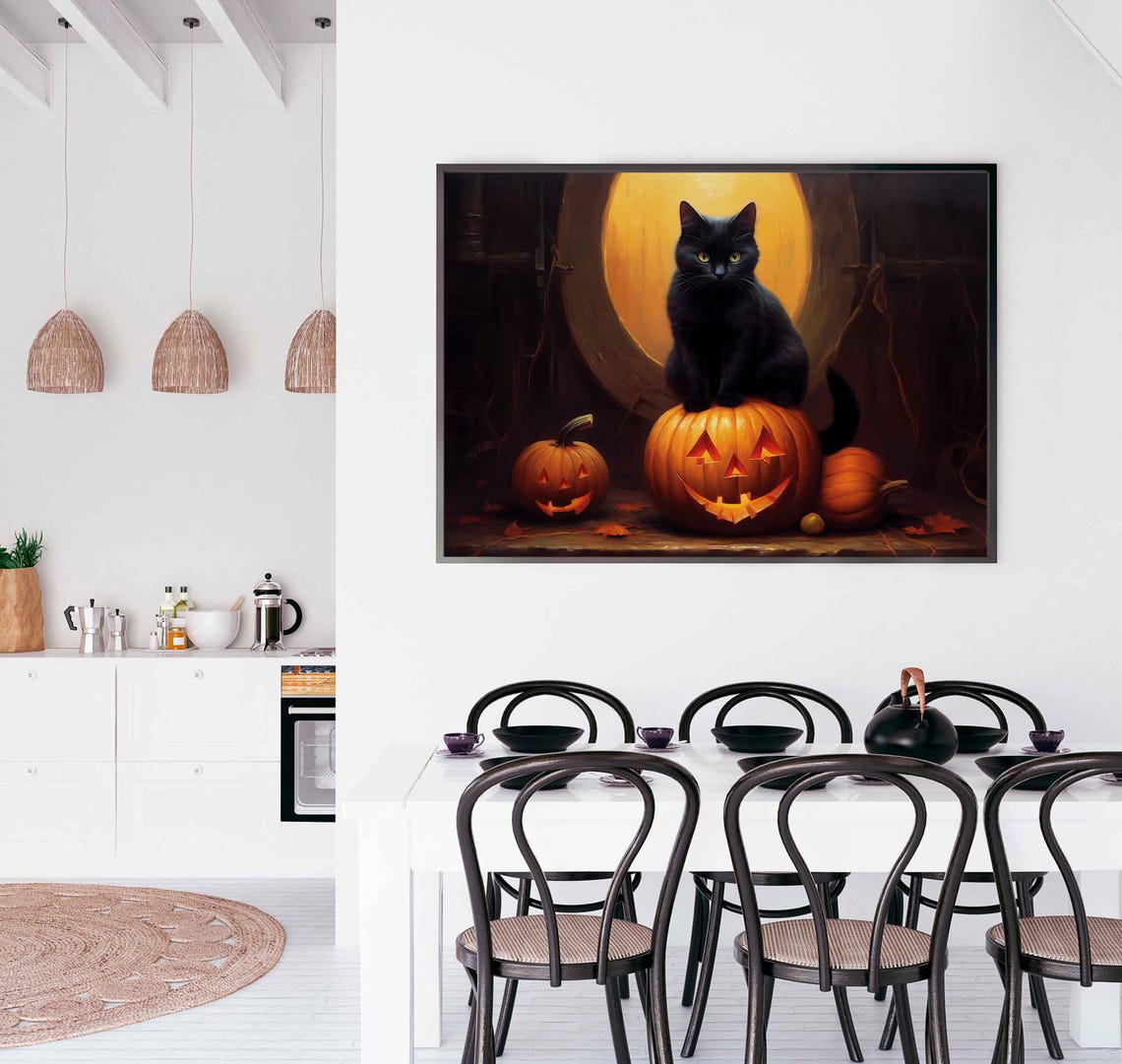 Black Cat Sitting On A Glowing Jack O Lantern With Pumpkins Poster - Image 3