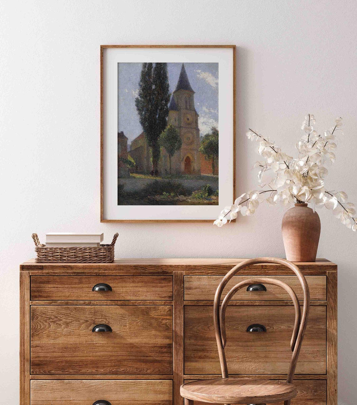 Old Village Church and Tall Cypress Trees Impressionist Art Poster - Image 4
