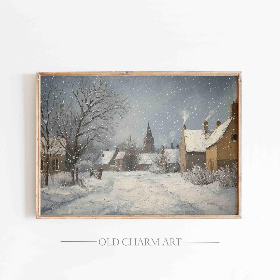 Cozy Snowy Village Church Dusk Falling Snow Holiday Painting Poster