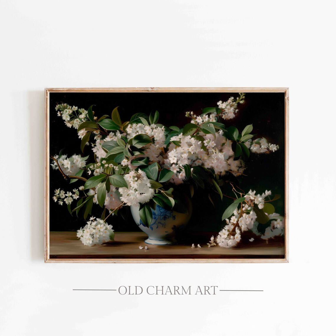 White Blossom Branches In Blue Porcelain Vase Dark Still Life Poster