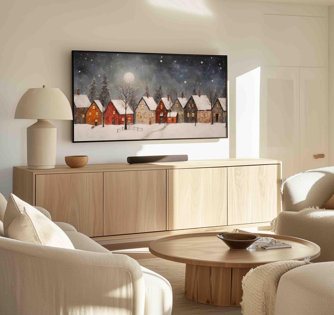 Winter Village Full Moon Falling Snow Cottages TV Art Poster - Image 3
