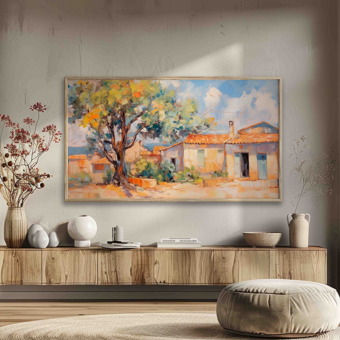 Mediterranean Village Olive Tree Impressionist Frame TV Art Print