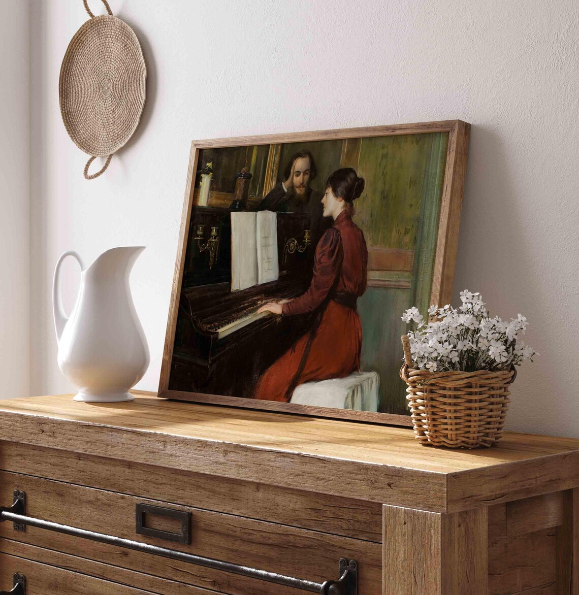Woman In Red Dress Piano Candlelight Man Watching Vintage Interior Painting Poster - Image 3