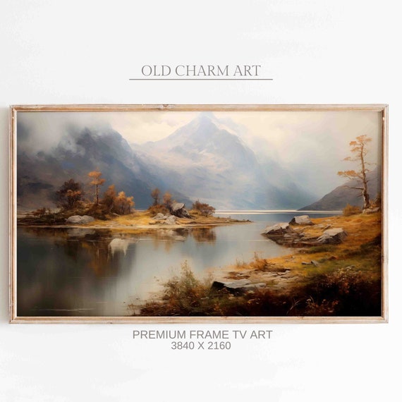 Mountain Lake Frame Tv Art Moody Landscape Oil Painting Art Cottagecore Decor Art For Frame Tv Tvf57