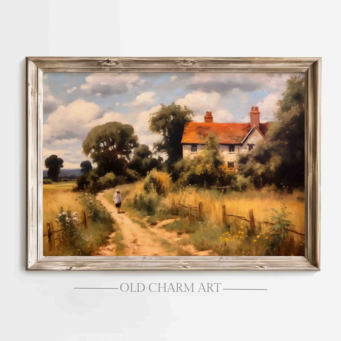 Summer Cottage Red Roof Country Path Golden Wheat Fields Travel Poster