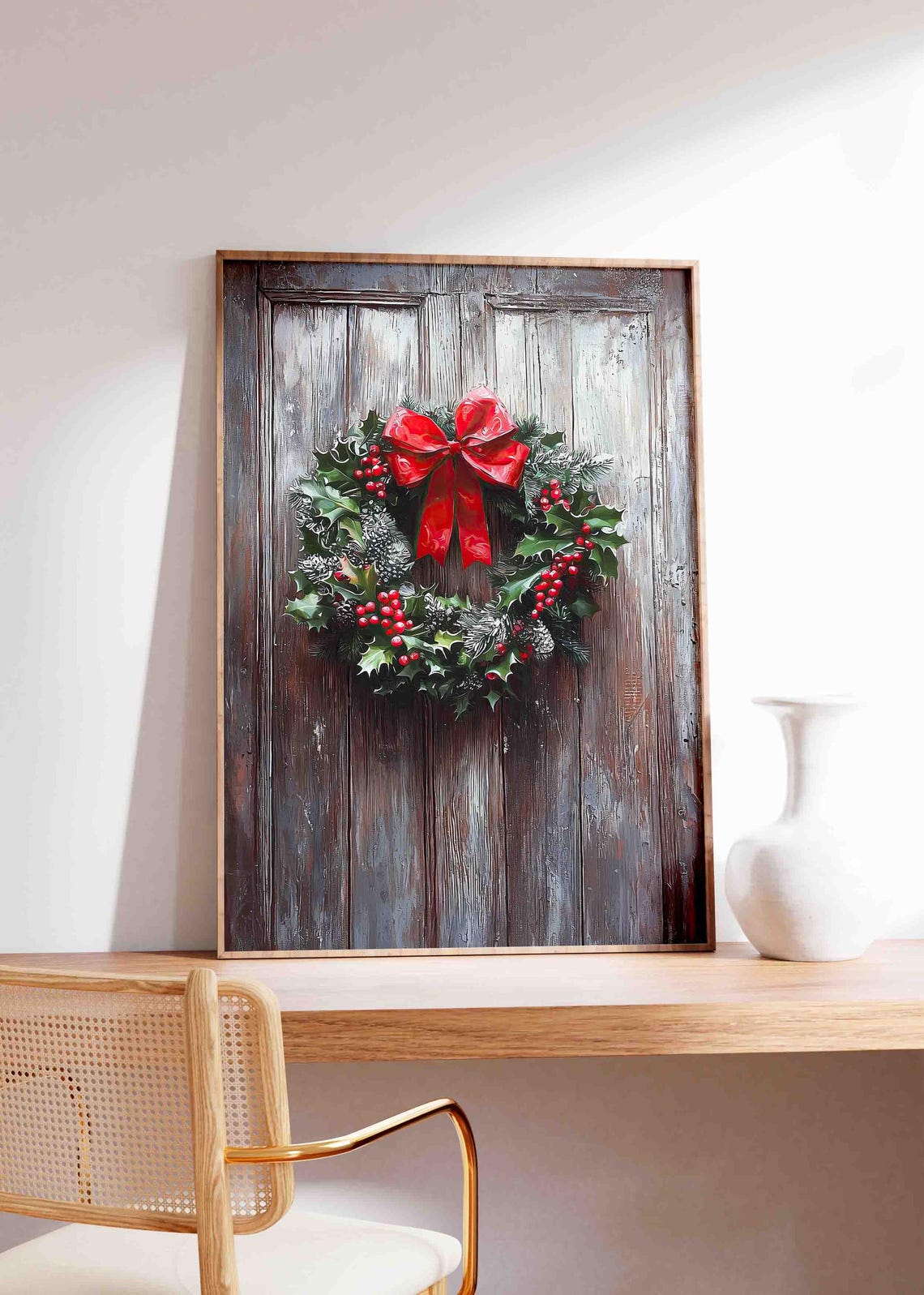 Holly Berry Wreath With Red Bow Hanging On Rustic Wooden Door Poster - Image 3