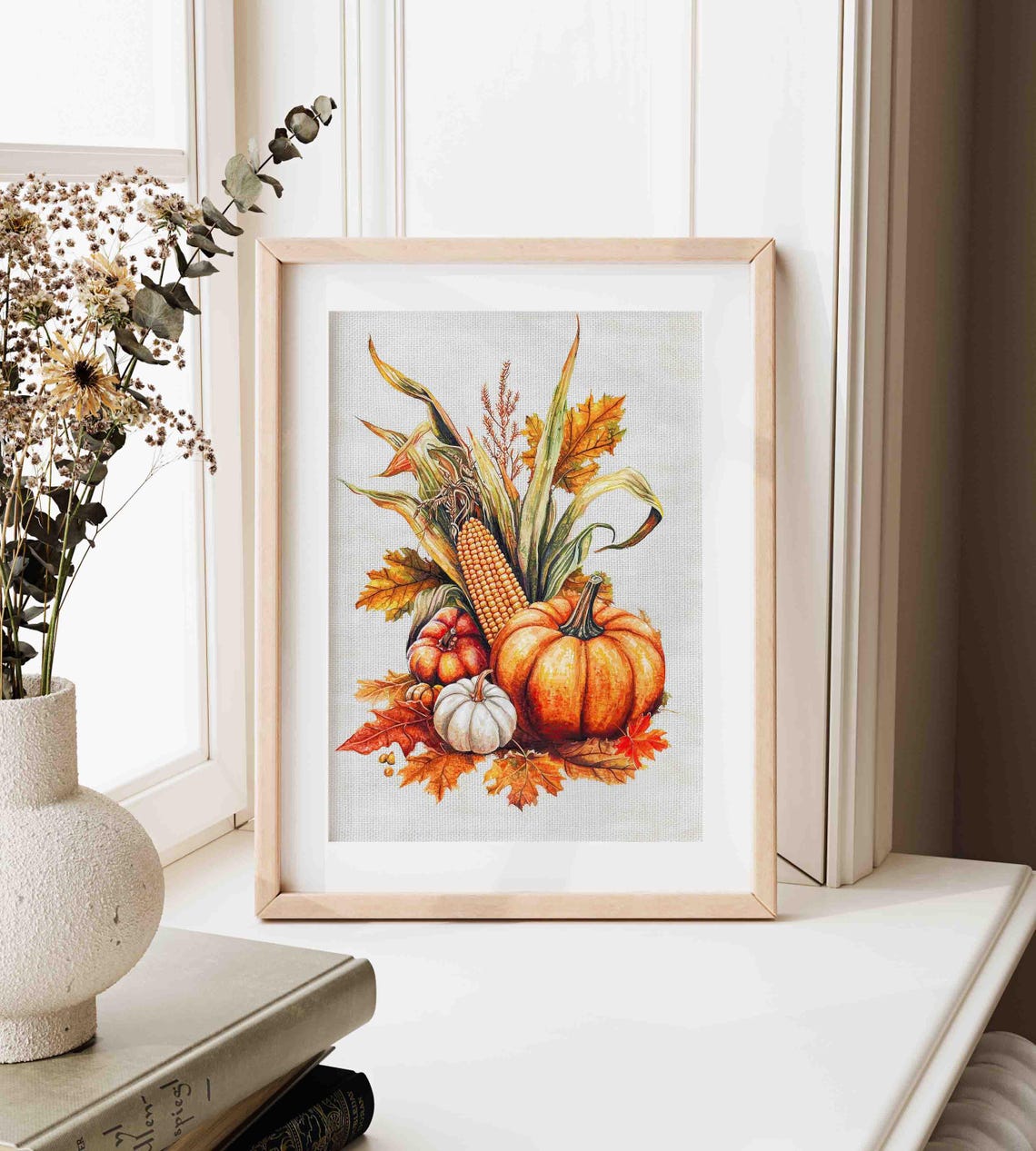 Autumn Pumpkin And Corn Bouquet With Fall Leaves Watercolor Poster - Image 3