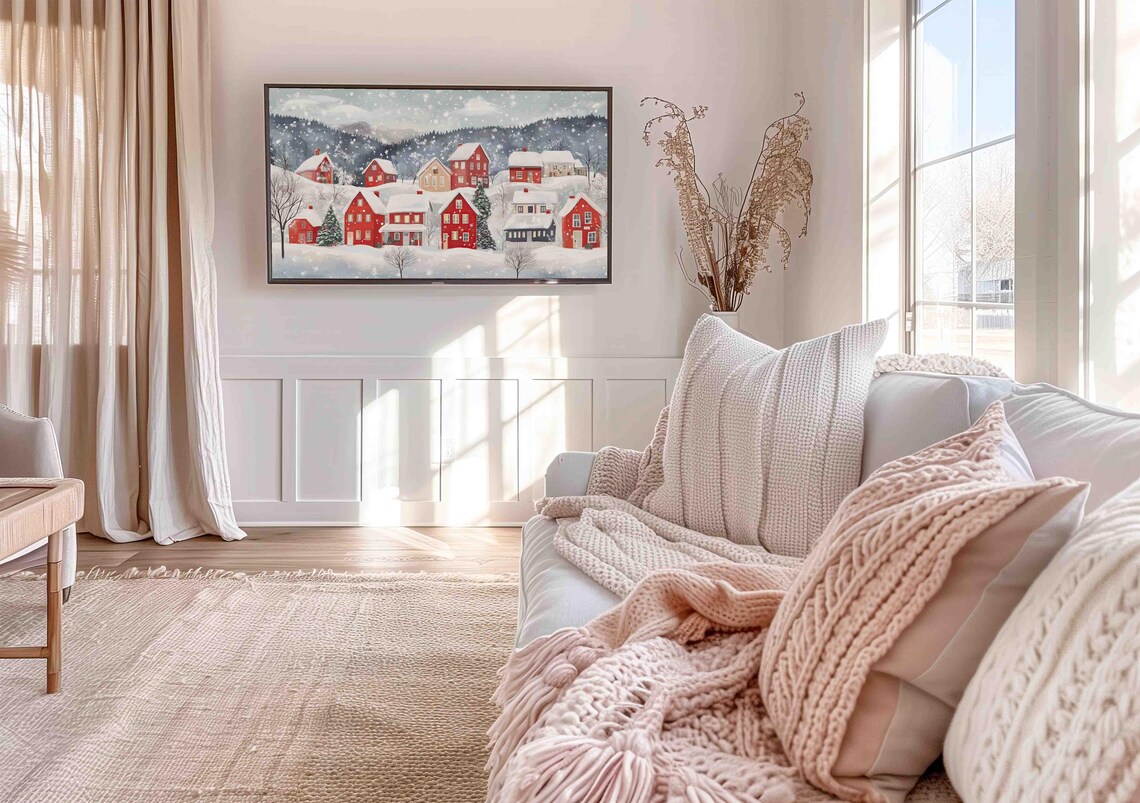 Christmas Snow Village Red Cottages Winter Night Frame TV Poster - Image 2