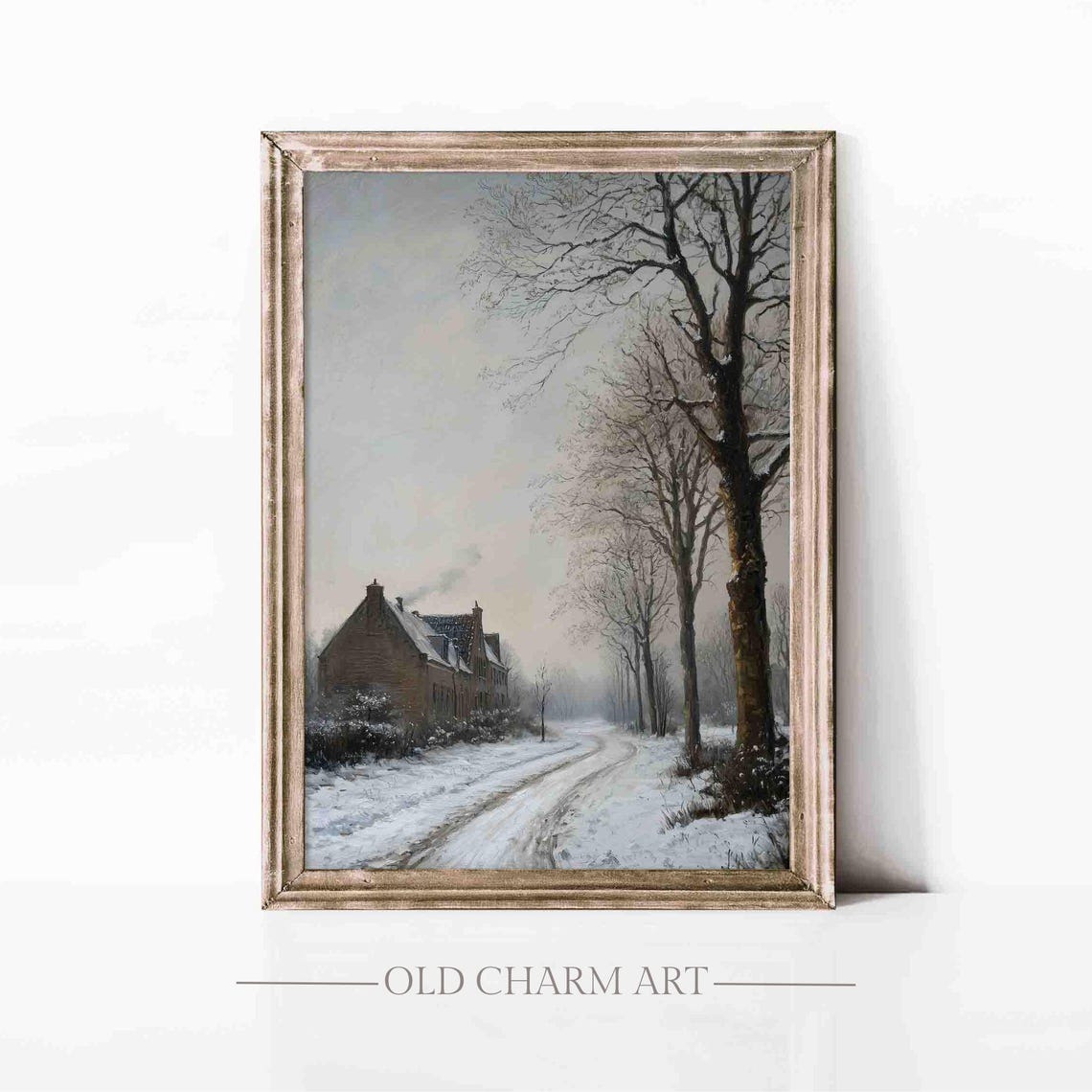 Quiet Winter Lane Brick House Bare Trees Vintage Painting Poster