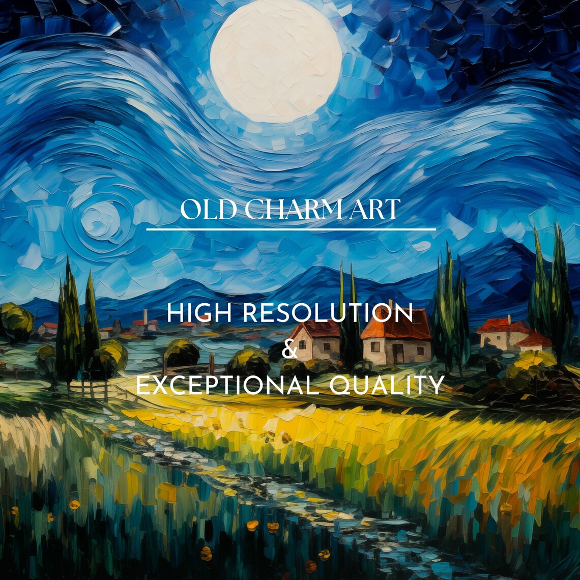 Starry Night Sky Moon Village Golden Field Swirling Blue Art Print - Image 2