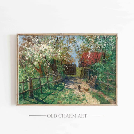 Spring Garden Painting Vintage Landscape Wall Art Country Landscape Oil Painting Farmhouse Wall Print Wa245
