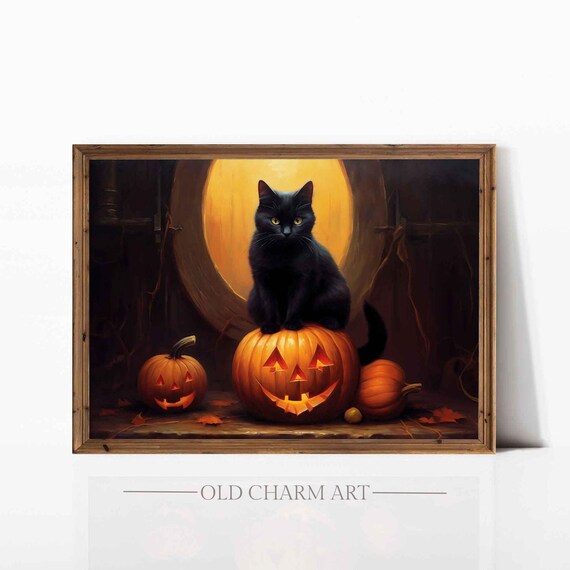 Black Cat Sitting On A Glowing Jack O Lantern With Pumpkins Poster