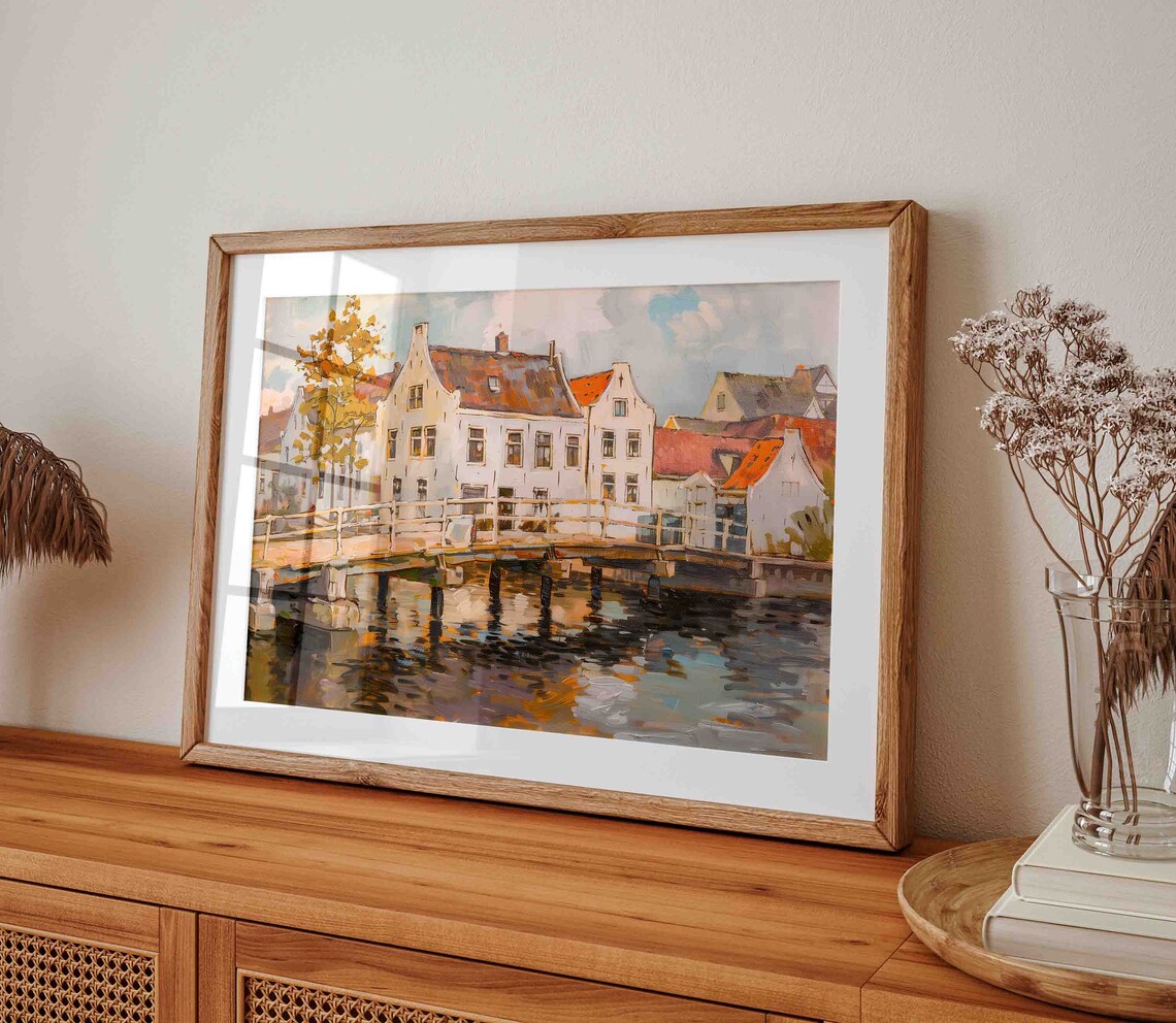 Old Dutch Canal Town with Wooden Bridge and Gabled Houses Art Poster - Image 3