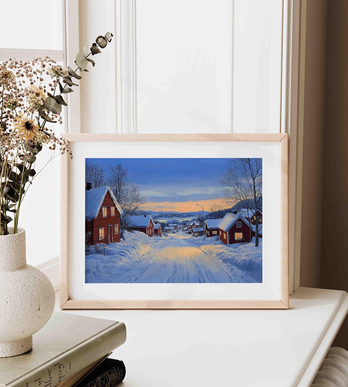 Cozy Scandinavian Winter Village Red Houses Dusk Painting Poster - Image 4