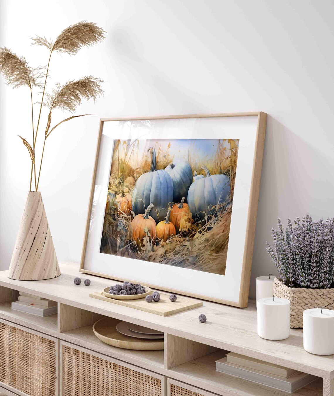 Blue And Orange Pumpkins Nestled In Golden Hay Fall Field Poster - Image 3