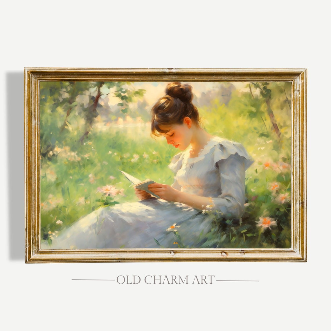 Young Woman Reading Book in Sunlit Meadow Flower Garden Poster
