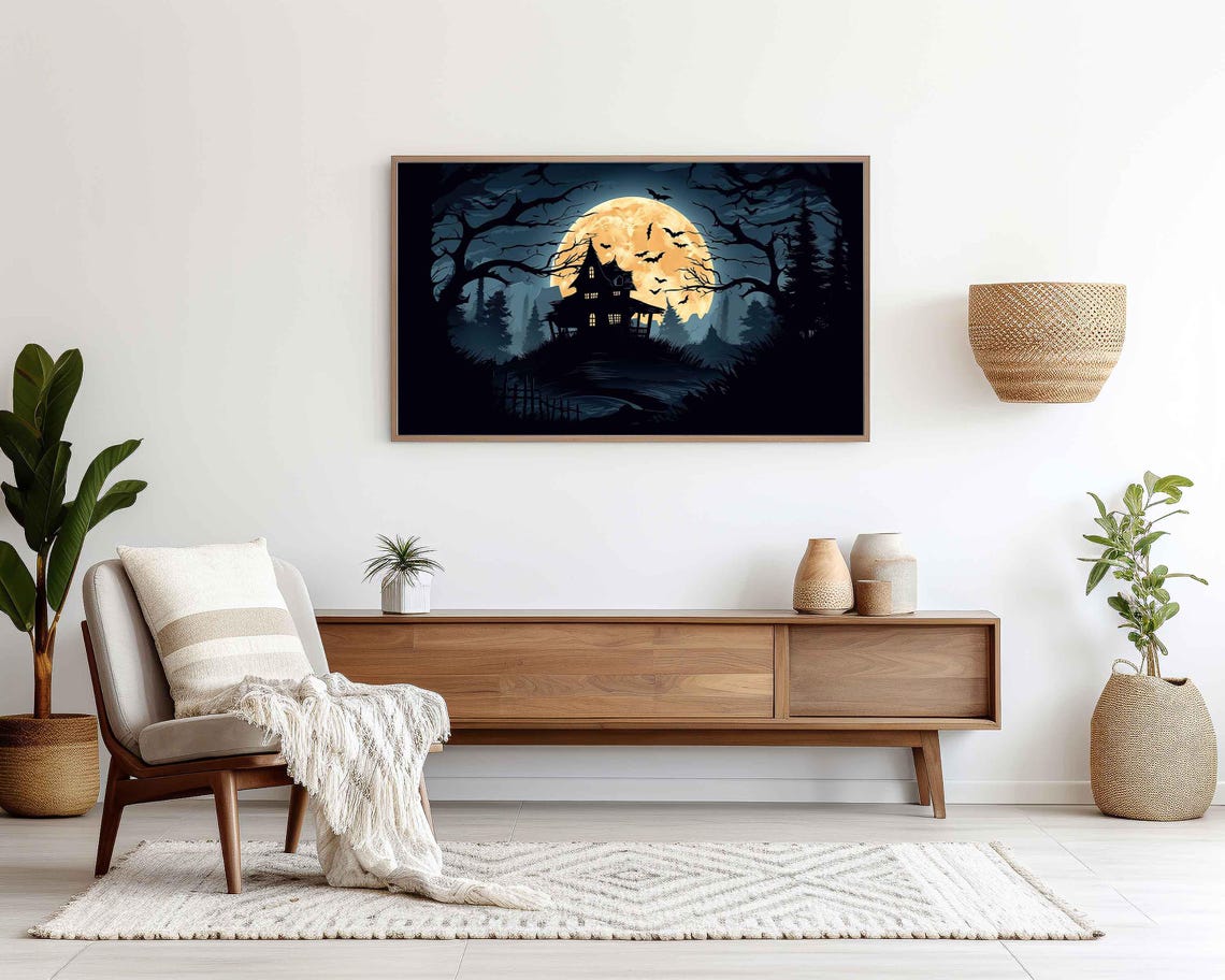 Haunted House Silhouette Under A Giant Orange Moon And Bats Poster - Image 4