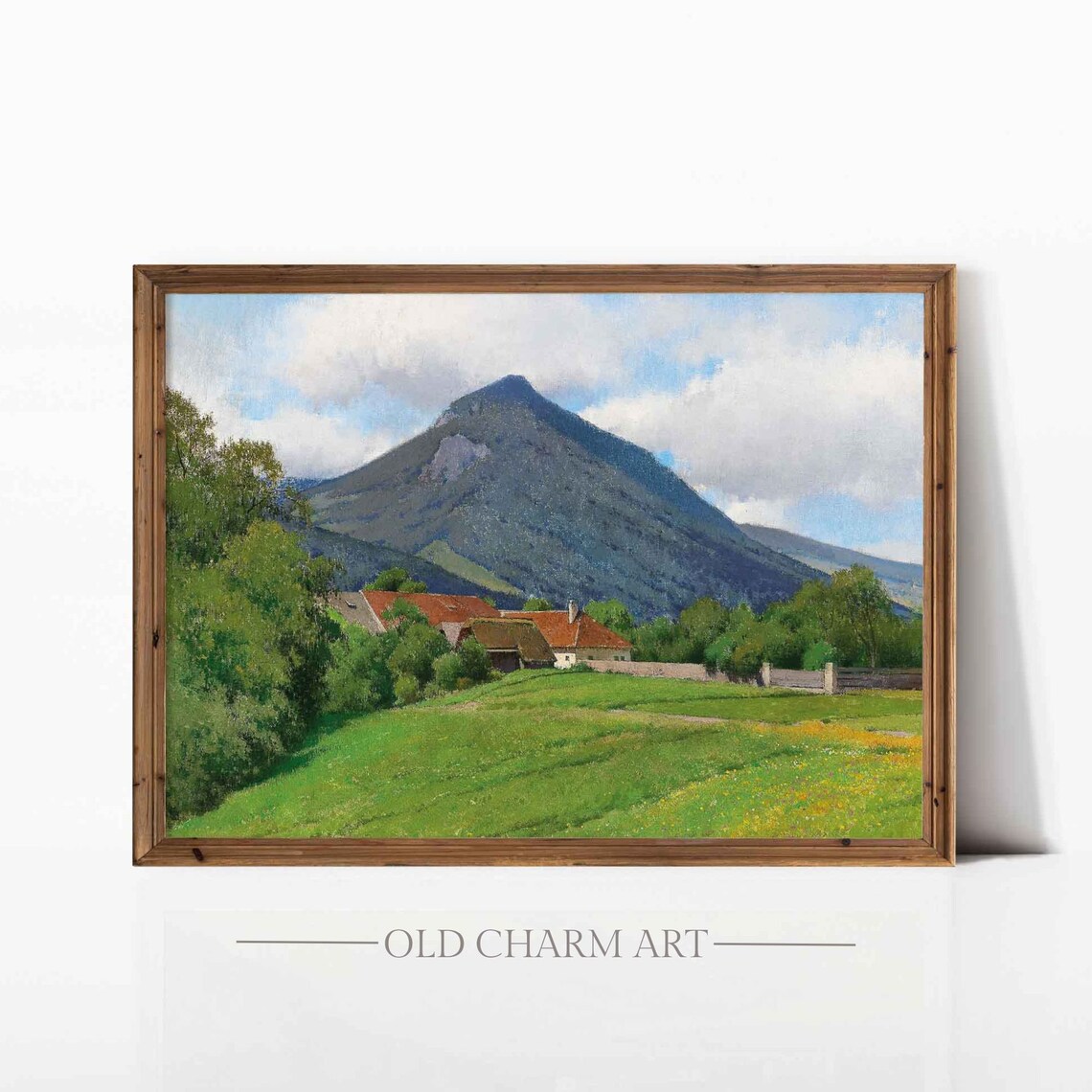 Alpine Mountain Peak Above Red Roof Farm And Green Meadow Poster