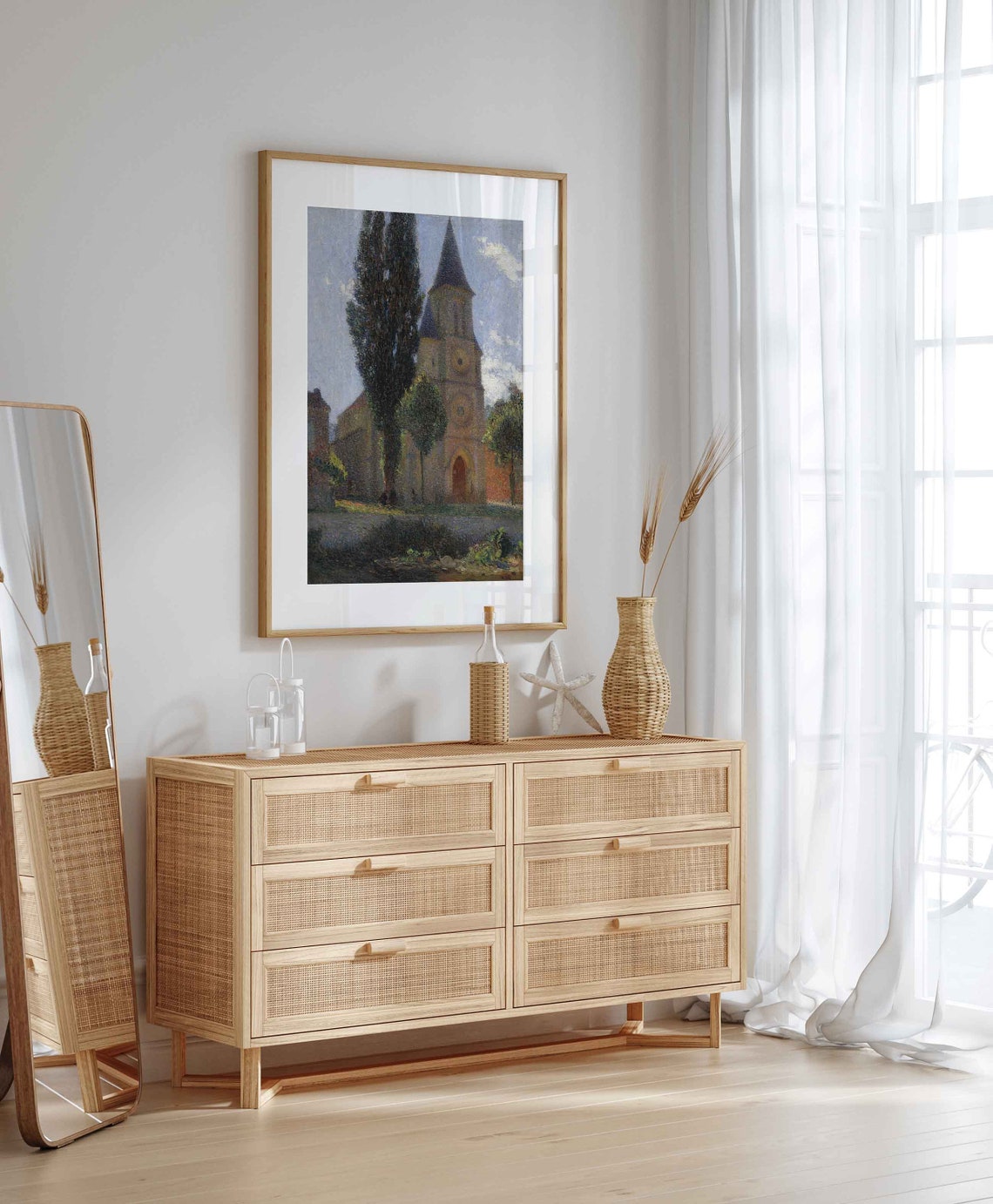 Old Village Church and Tall Cypress Trees Impressionist Art Poster - Image 3
