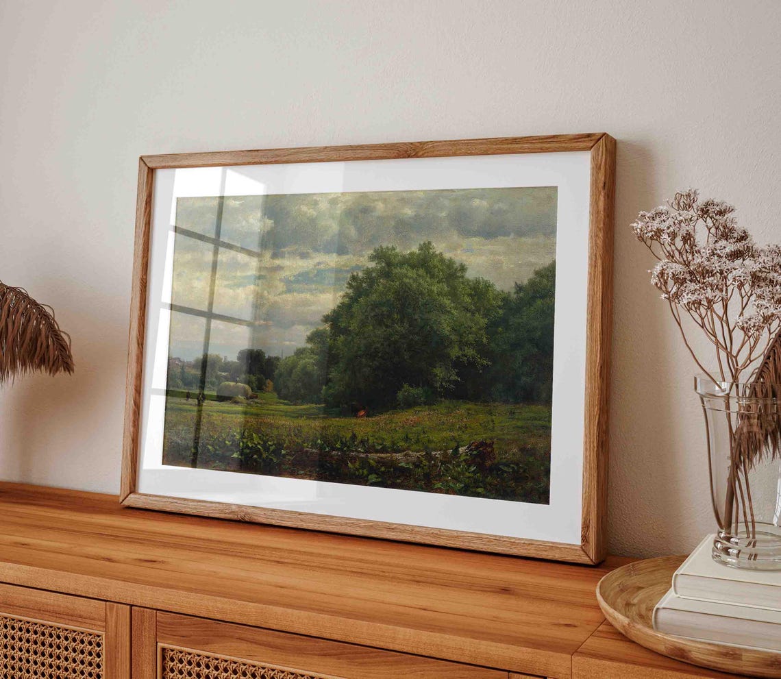 Summer Hay Meadow With Big Green Trees Haystacks Landscape Poster - Image 3