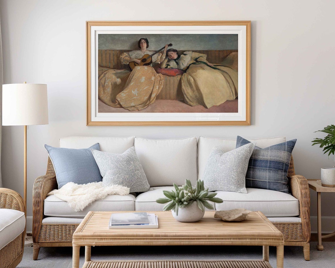 Two Women on Settee With Guitar Antique Interior Painting Poster - Image 4