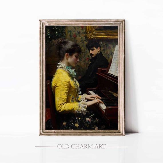 Vintage Woman Portrait Painting Woman Playing Piano Print Cottage Wall Decor Moody Portrait Wall Art Wa275