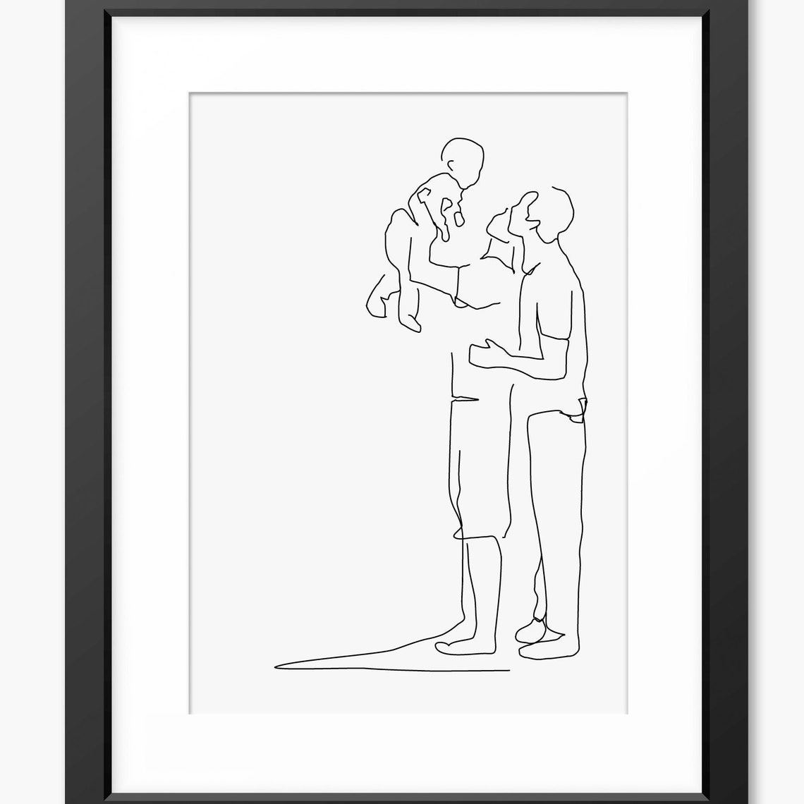 Two Playful Dads Lifting Their Baby Son Minimalist Line Art Poster