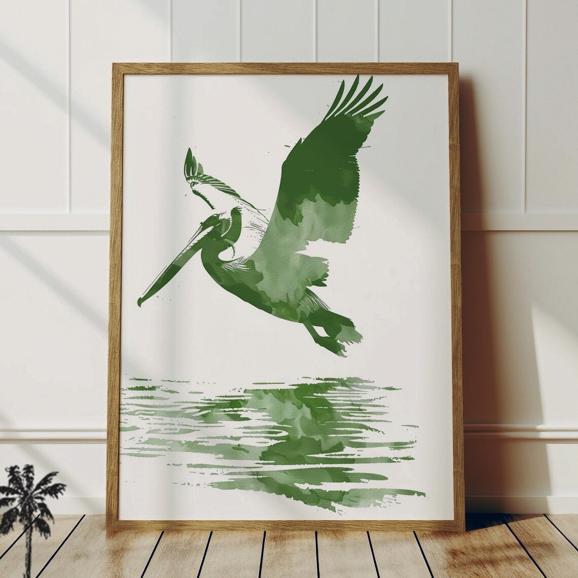 Green Pelican in Flight Watercolor Coastal Bird Minimalist Art Poster