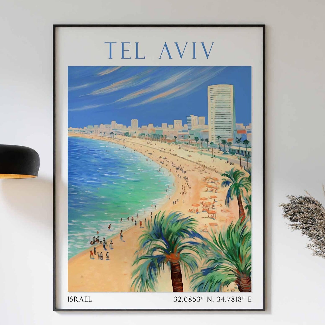 Tel Aviv Israel Beach Promenade Palm Trees City Skyline Poster