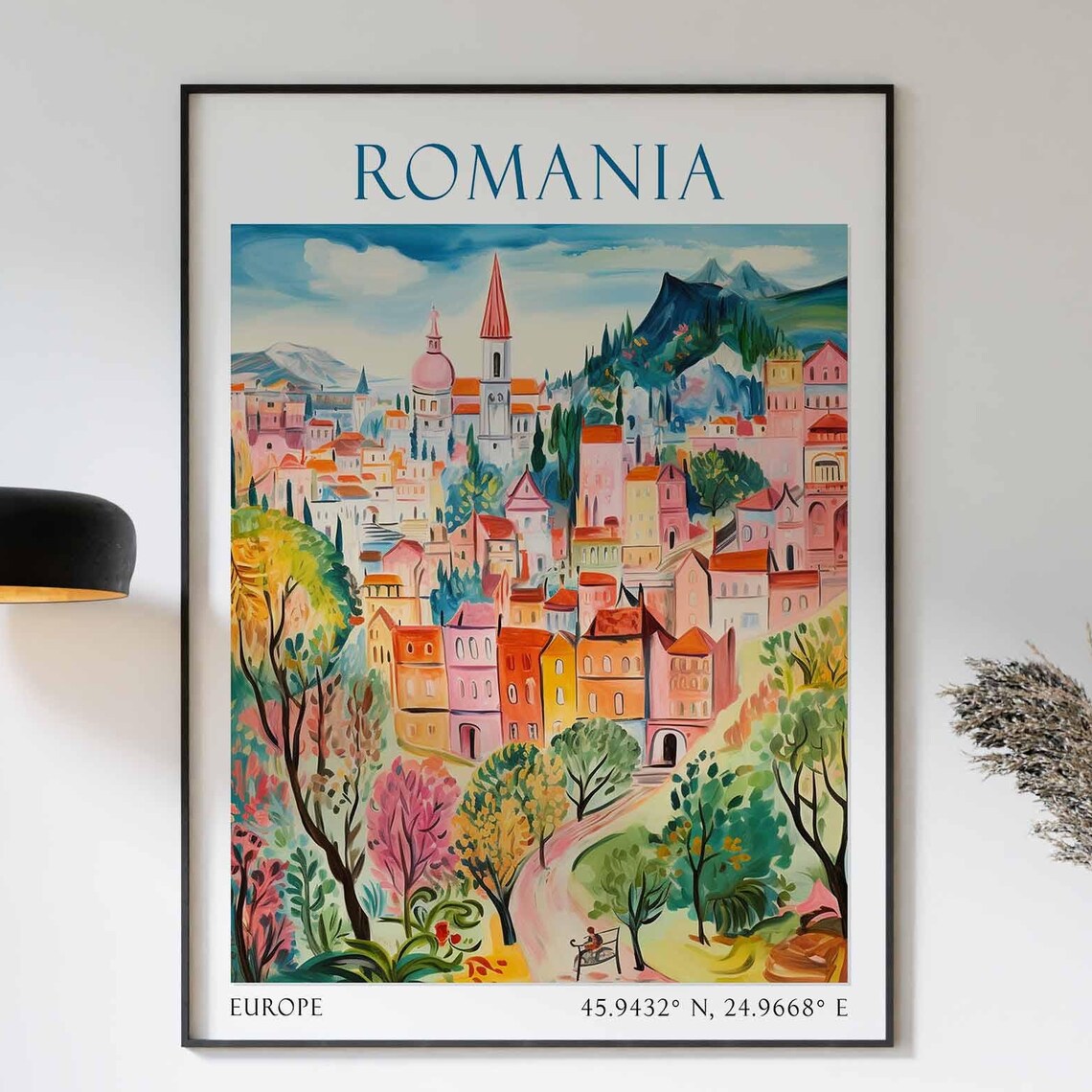 Romania Hillside Old Town Church Spire Mountain Trees Europe Poster