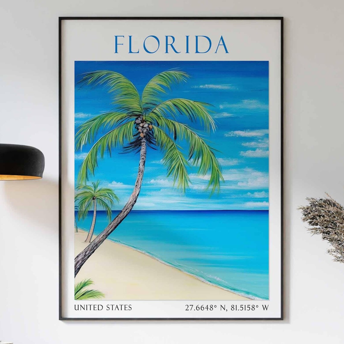 Florida Tropical Beach Leaning Palm Tree Ocean Travel Poster