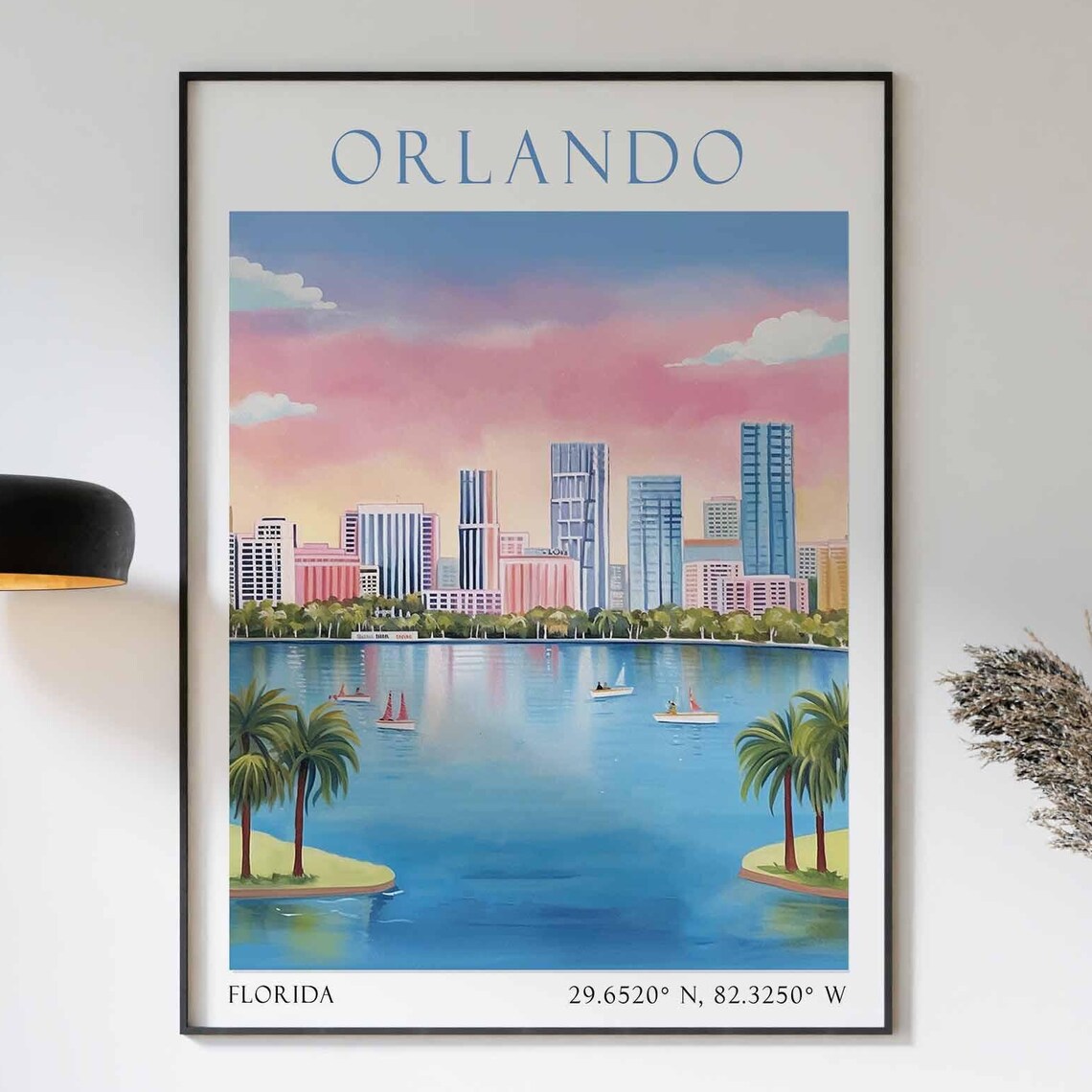 Orlando Florida Lake Skyline Sunset Sailboats Palm Trees Travel Poster