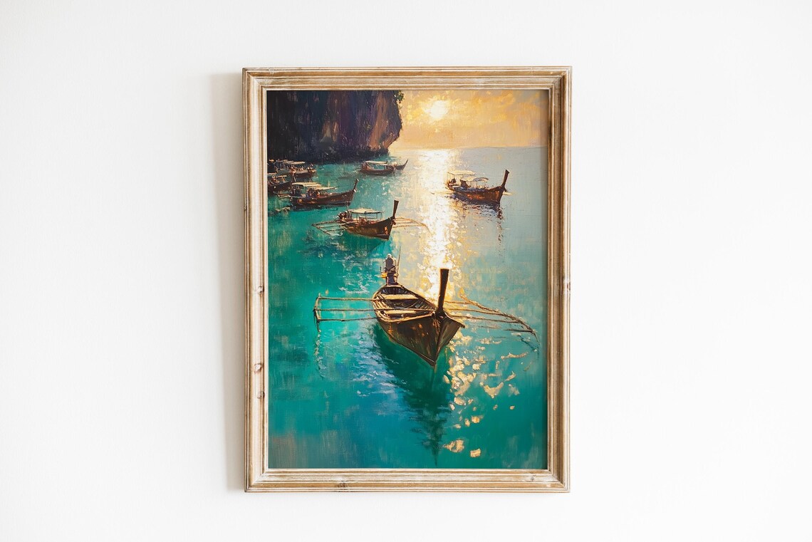 Phang Nga Bay Longtail Boats Sunset Tropical Seascape Painting Poster
