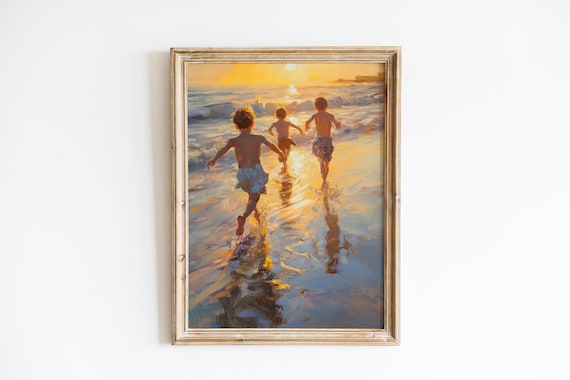Three Boys Running Into Ocean Waves Golden Sunset Oil Painting Poster
