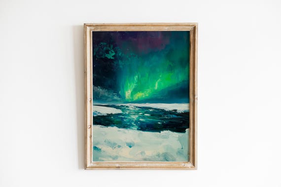 Moody Aurora Borealis Art Dramatic Night Sky Painting Serene Winter Landscape Nordic Wall Decor Instant 561
