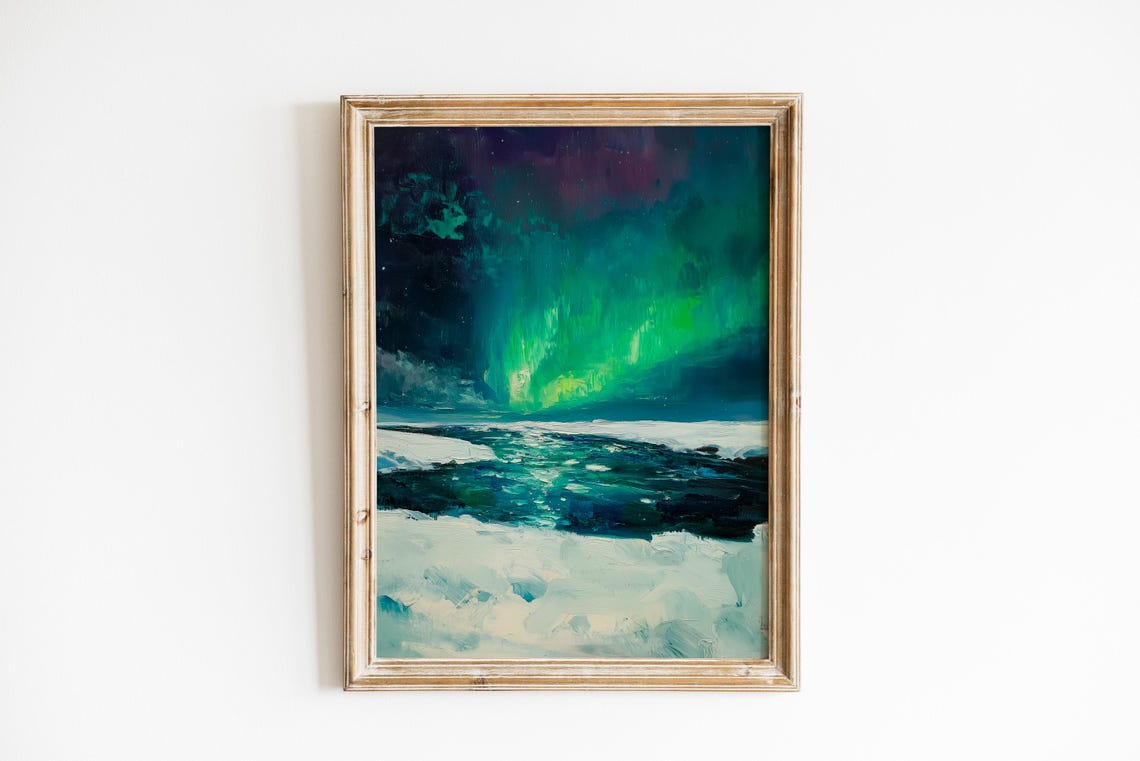 Moody Aurora Borealis Art Dramatic Night Sky Painting Serene Winter Landscape Nordic Wall Decor Instant 561