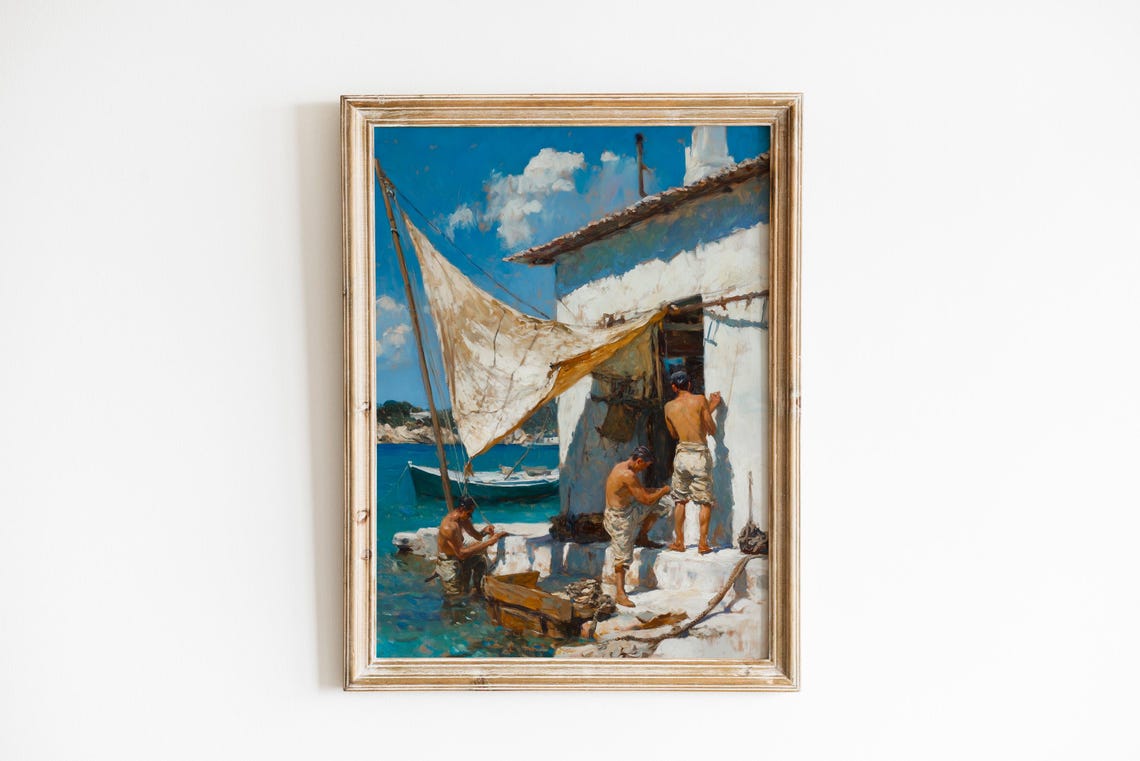 Fishermen Repairing Sail Whitewashed Hut Mediterranean Oil Poster