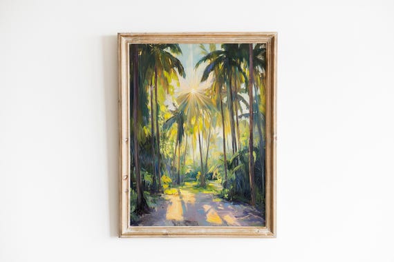 Palm Forest Landscape Print Lush Tropical Painting Sunlit Pathway Art Warm Moody Coastal Decor Wall 858