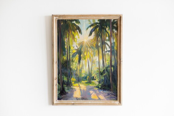 Sunlit Palm Forest Golden Sunburst Tropical Pathway Painterly Print