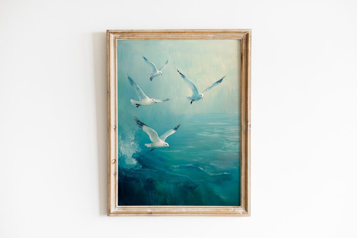 Seagulls Soaring Above Turquoise Ocean Waves Coastal Art Poster