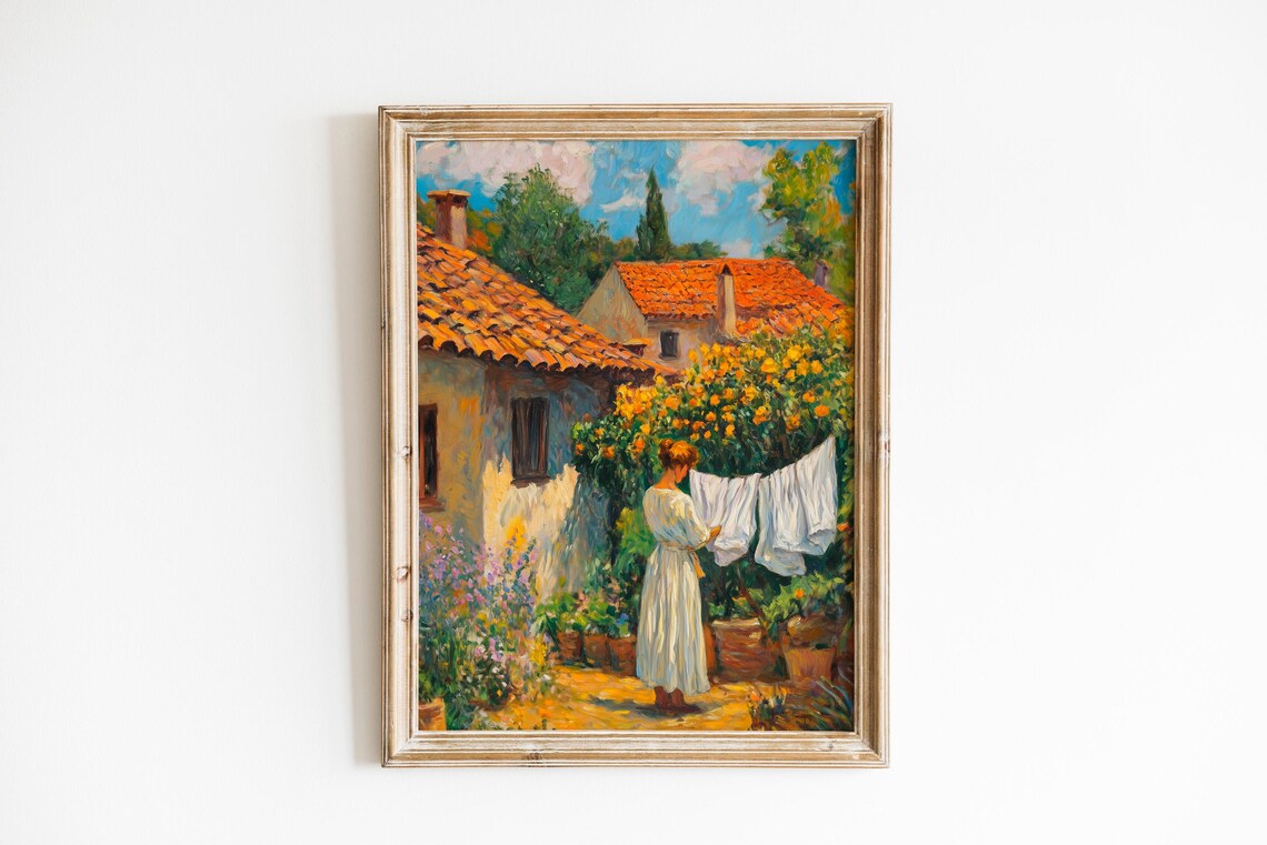 Farmwife Hanging Laundry Cottage Garden Terracotta Roof Art Poster