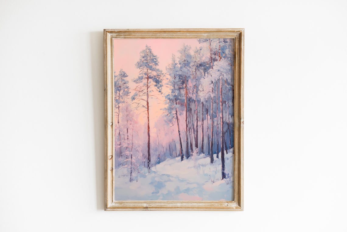 Winter Pine Forest In Pink Dawn Light Frosty Morning Landscape Poster