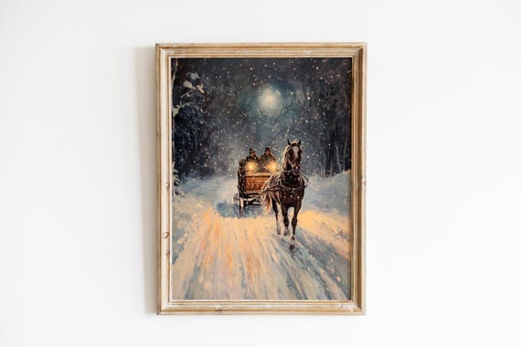 Moody Winter Wall Art Vintage Horsedrawn Sleigh Scene Rustic Holiday Decor Cozy Snowy Night 138