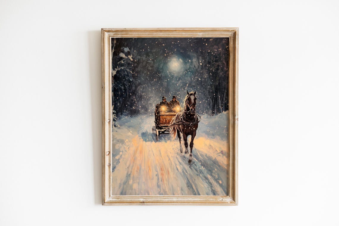 Horse Drawn Sleigh Moonlit Snowy Forest Night Vintage Art Print