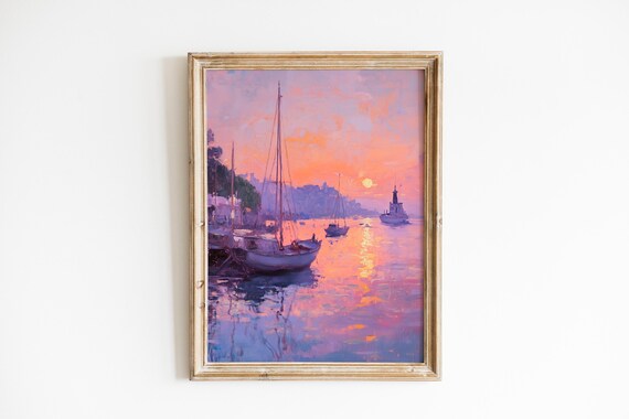 Coastal Sunset Fishing Boats Print Tranquil Harbor Art Nautical Landscape Moody Pastel Decor Wall 250