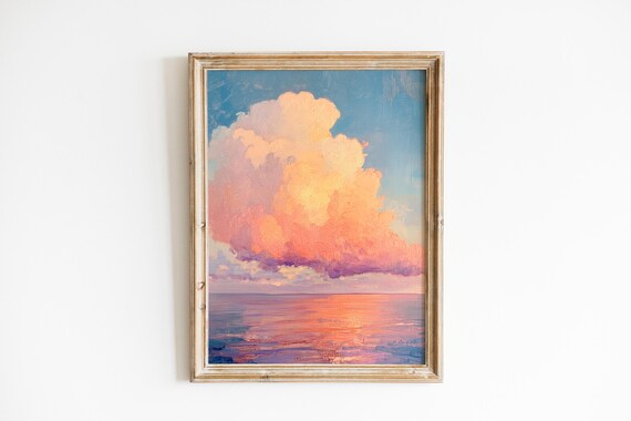 Moody Crimson Sunset Wall Art Romantic Seascape Clouds Painterly Beach Scene Coastal Decor Instant Autumn Color 671