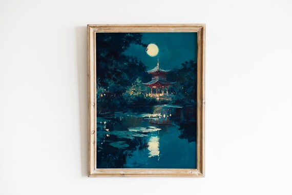 Asian Moonlit Pagoda Nightscape Reflection Oil Painting Wall Art