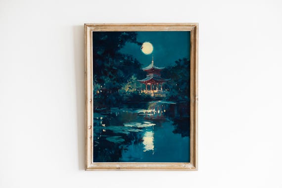Moody Moonlit Pagoda Wall Art Serene Nightscape With Reflection Asianinspired Decor Tranquil Atmosphere 652